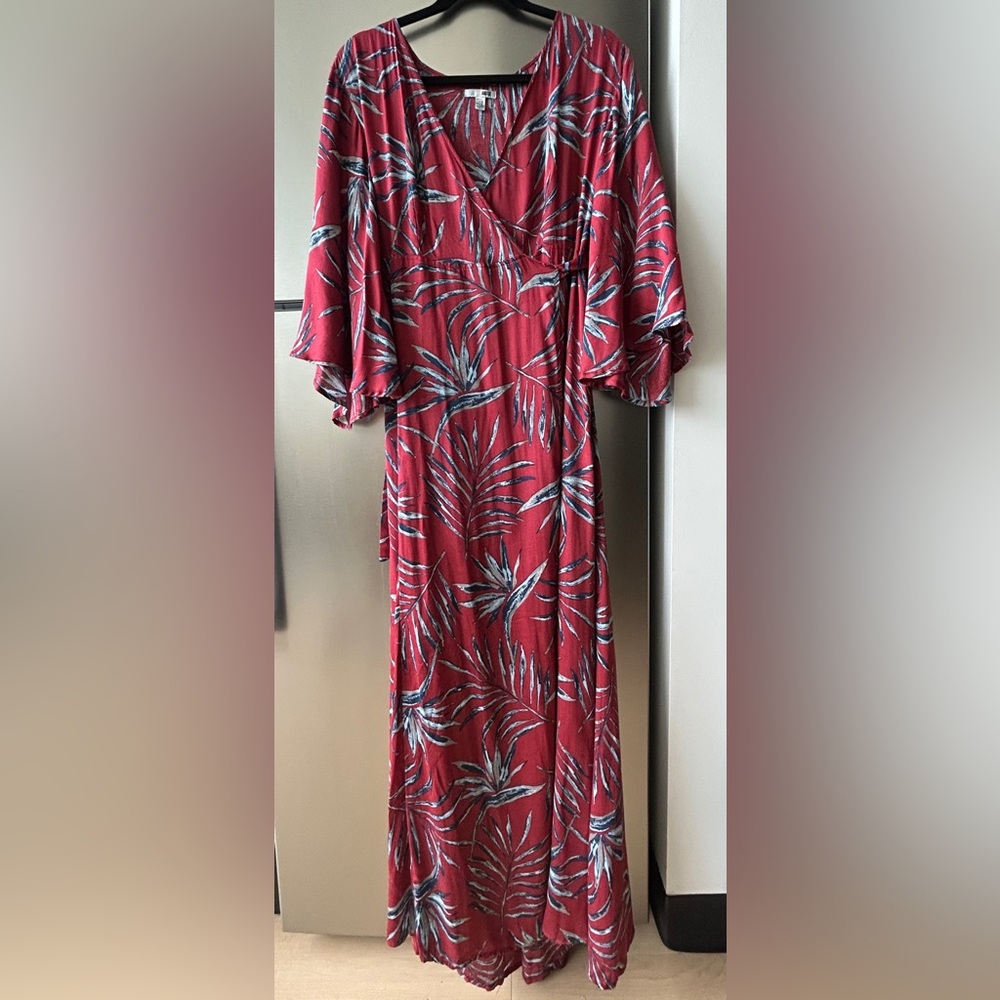Society Amuse Red Palm Print Wrap Dress Size L 100% Modal Flowy Boho
